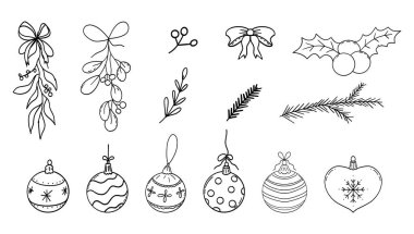 Noel balosu, karalama setiyle izole edilmiş mücevherler. Kutlama yayları, ökseotu pastel boyası ya da tebeşir çizimi, çizim. Vektör illüstrasyonu