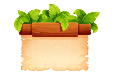 Tahta. parşömen kağıdı ile eski boş çerçeve, işaret, oyun arayüzü ui menüsü veya harita. Pano, pano paneli. Eski parşömen tahtası. Vektör illüstrasyonu