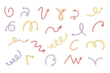 Spiral ok karalama, kolaj kesme dalgalı bükülme minimum kıvrımlı çizgi seti. Eğri çizgi roman yön değiştirdi. Tuhaf, basit, serbest el elementleri. - Evet. Vektör illüstrasyonu