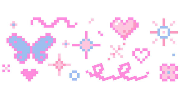 Cute pixel border nice pink pixel decoration. Y2k retro game 8 bit flower blossom, stars sparkles, butterfly, heart and cherry. Whimsical sparkling shining stars emoji,. Vector illustration