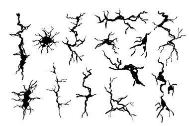 Crack wall, ground texture breaks on land surface. Ground fissure line sketch set. Crash fracture, land damage, earthquake. Vector illustration