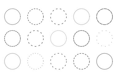 Kesik çizgili çemberler, kesik ve noktalı daire çerçeveleri veya simgeleri. Noktalı yuvarlak çizgiler, kuponlar veya etiketler için resimli grafikleri buradan kes. Vektör çizgisi. Vektör illüstrasyonu