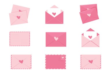 Zarf seti, kalpli sevimli aşk mektupları pullu pembe romantik postalar, havayolu postaları, kartpostallar. Düğün ve Sevgililer Günü dekorasyon unsurları. Vektör illüstrasyonu