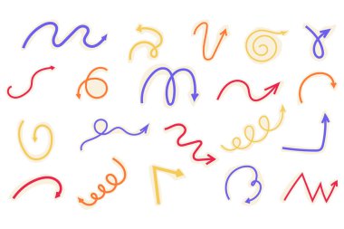 Spiral ok karalama seti, kolaj kesme dalgalı bükülme minimum kıvrımlı çizgi. Eğri çizgi roman yön değiştirdi. Tuhaf, basit, serbest el elementleri. - Evet. Vektör illüstrasyonu