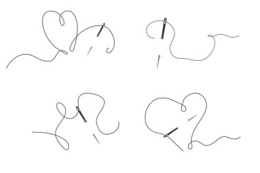 İğneyi iplik karalama simgesiyle, basit nakış işleme simgesiyle ayarlayın. Kavisli dikiş ipliği, terzi aleti silueti. - Evet. Vektör illüstrasyonu