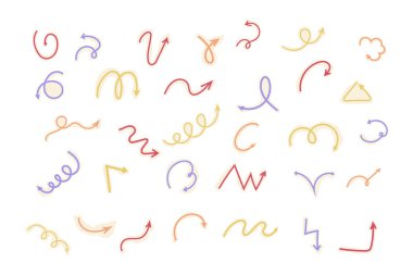 Spiral ok karalama, kolaj kesme dalgalı bükülme minimum kıvrımlı çizgi seti. Eğri çizgi roman yön değiştirdi. Tuhaf, basit, serbest el elementleri. - Evet. Vektör illüstrasyonu