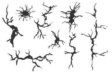 Crack wall, ground texture breaks on land surface. Ground fissure line sketch set. Crash fracture, land damage, earthquake. Vector illustration