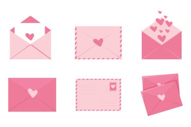 Zarf seti, kalpli sevimli aşk mektupları pullu pembe romantik postalar, havayolu postaları, kartpostallar. Düğün ve Sevgililer Günü dekorasyon unsurları. Vektör illüstrasyonu
