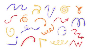 Spiral ok karalama, kolaj kesme renk dalgalı bükülme minimum eğri çizgi seti. Eğri çizgi roman yön değiştirdi. Tuhaf, basit, serbest el elementleri. - Evet. Vektör illüstrasyonu