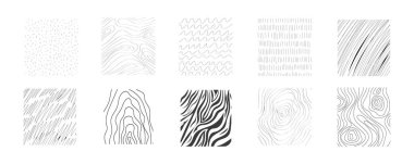 Kalem el çizimi desen seti, çapraz çizgi karalama grunge arkaplan. Grafit vuruşları, çizgiler, ahşap, gölgeleme elementleri. Vektör illüstrasyonu