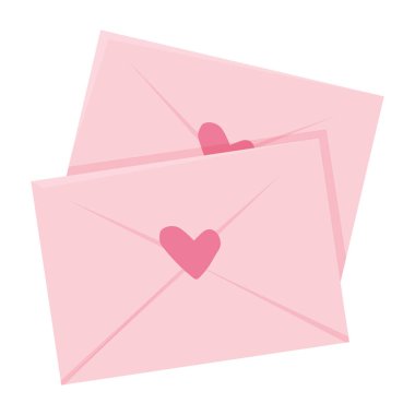 Kalpli zarf aşk mektupları, pullu pembe romantik mektuplar, havayolu postaları, kartpostallar. Düğün ve Sevgililer Günü dekorasyon unsurları. Vektör illüstrasyonu