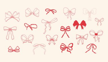 İnce kırmızı kurdele yay aksesuar seti. Romantik davetiye, doğum günü kartı, düğün tasarımı için hazırlanmış tuhaf bir hediye. Vektör illüstrasyonu