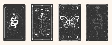 Tarot kartı çerçevesi ruhani esrarengiz ters sınır büyüsü kutsal kapak kartı. Mistik elementler ay, güneş, sihirli güve, yılan fantezi işareti. Vektör illüstrasyonu