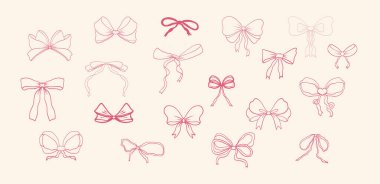 İnce kurdele fiyonk aksesuar pembe coquette seti. Romantik davetiye, doğum günü kartı, düğün tasarımı için çizilmiş tuhaf bir hediye. Vektör illüstrasyonu