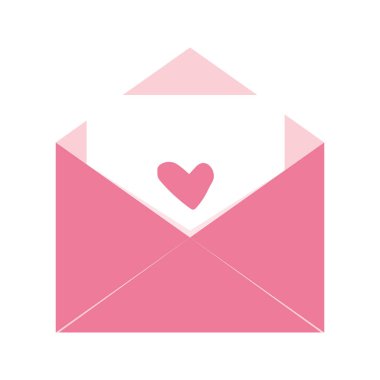 Zarflı açık aşk mektubu, sevimli pembe romantik posta kartı. Düğün ve Sevgililer Günü dekorasyon unsurları. Vektör illüstrasyonu