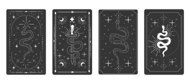 Tarot kartı çerçevesi ruhani esrarengiz ters sınır büyüsü kutsal kapak kartı. Mistik elementler ay, güneş, sihirli güve, yılan fantezi işareti. Vektör illüstrasyonu