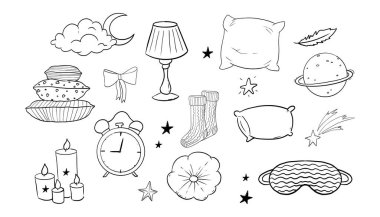 Uyku, güzel el çizimi gece sembolleri karalamaları. Yatak odası, uyku maskesi, yıldızlar ve ay. Sıcak giysiler, çoraplar. Uykulu bir ruh hali. Vektör illüstrasyonu