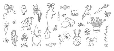 Paskalya bahar sepetinde çiçekler, yumurtalar ve fiyonklar. Tavuklar, yarım yamalak serbest bahar buketi. Paskalya seti. - Evet. Vektör illüstrasyonu