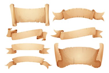 Kağıt parşömen parşömeni parşömeni şeridi, eski tip pankart oyunu ui ögesini beyaz arkaplanda izole et. Vektör illüstrasyonu