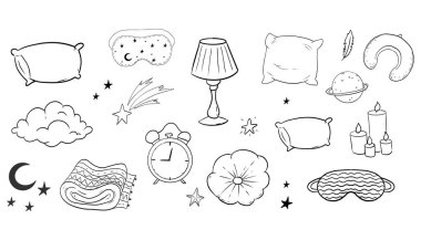 Uykuda el çizimi gece sembolleri karalama. Yatak odası, uyku maskesi, yıldızlar ve ay. Sıcak giysiler, çoraplar. Uykulu bir ruh hali. Vektör illüstrasyonu