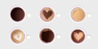 Kahve fincanı üst görünümü, kupa. Kahve espresso latte macchiato sıcak içecek üst görünüm, nefis köpüklü buzlu americano, menü tasarımı. Vektör illüstrasyonu