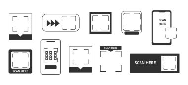 QR kod çerçeve kutusu, şablon. Yazılı QR kodu. Beni akıllı telefonla tara. Simgemi tara. Ödeme için QR kod simgesini tara, mobil uygulama. Vektör illüstrasyonu
