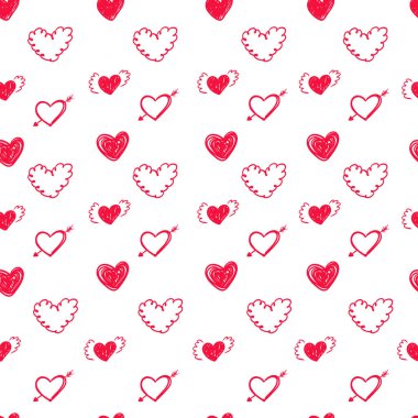 Tuhaf küçük kalp çizimi, kusursuz desen, sevimli romantik karalama geçmişi. Ditsy küçük kırmızı el beyaz arka plana kalpleri çizdi. Basit Sevgililer Günü bg