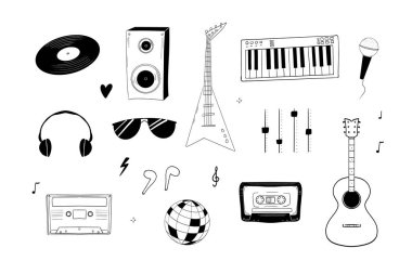 Müzik retro doodle punk rock grunge tasarım elementleri. Klasik ses plağı, çalar, kaset, enstrümanlar, disko ve rock. Vektör illüstrasyonu