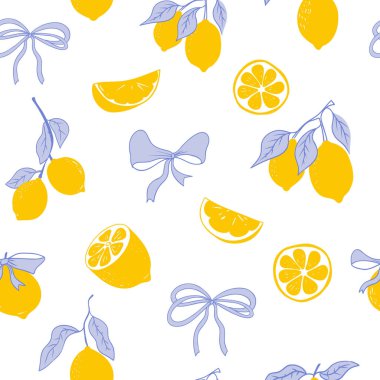 Tatlı coquette desenli limon deseni, yay, çizgili. Çiçek çardağı narenciyesi, arka plan. Yapraklı limon, limon dilimi, parça. Vektör illüstrasyonu