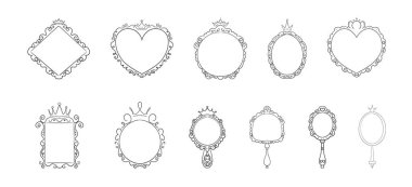 Prenses çerçeve aynası çizgi perisi. Bebek prenses için taçlı tuhaf, sevimli karalama aynaları. Koleksiyon zarif pastel dekor. Vektör illüstrasyonu