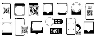 QR kod çerçeve şablonu. Yazılı QR kodu. Beni akıllı telefonla tara. Simgemi tara. Ödeme için QR kod simgesini tara, mobil uygulama. Vektör illüstrasyonu