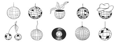 Disko topu seti, y2k çizgisi dövme yaratıcı eskiz. Retro doodle parti dekorasyonu. Müzik, parti ve klasik müzik. Vektör illüstrasyonu