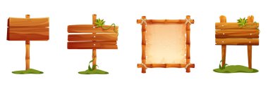 Tahta tabela çerçeve seti, sınır tahtası, orman dekorasyonu kahverengi kalas. Tahta çivi ve doğal iple bağlanmış bambu ve çimenlerle sade desenli ağaç çerçeveleri. Ui oyun varlığı. Vektör