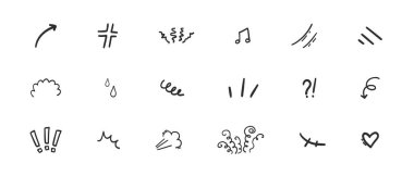 İfadeler hareketi basit karalama el çizimi seti. Çizgi roman etkisi hareketi. İfade şekilleri, karakter duyguları için anime. Vektör illüstrasyonu