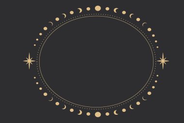 Çizgi altın oval çerçeve, gök tarot minimal esrarengiz sınır, noktalı mistik doğrusal dekorasyon, koyu arkaplanda izole edilmiş yıldızlar. - Evet. Vektör illüstrasyonu