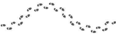 Kavisli bir yolu takip eden insan ayak izleri. İnsan işaretinin yalın ayak izleri. Ayak izi yolu basit siluet. Vektör illüstrasyonu