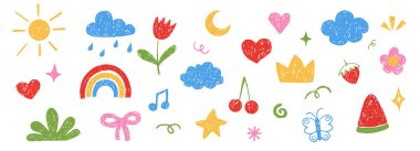 Şirin kalem kalem anaokulu karalama ikonları seti. Çocuksu karalama gökkuşağı, yıldızlar, güneş ve ay, çiçekler, taslak şeklinde taç. - Evet. Vektör illüstrasyonu