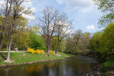 Vilnius, Litvanya - 21 Nisan 2025: Bernardine Garden, Vilnius 'ta güneşli bir bahar gününün tadını çıkaran insanlar, çiçek açan ağaçlarıyla Vilnia nehrinin çimlerinde dinleniyorlar..