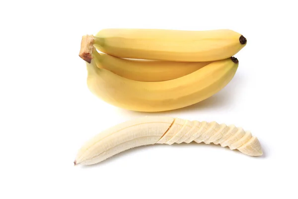 Очищенный банан на белом фоне — стоковое фото