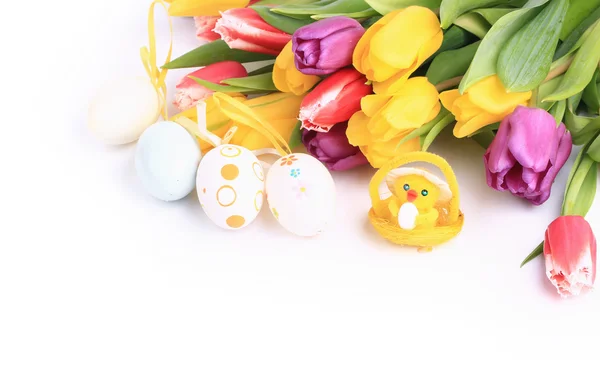 复活节春天郁金香背景色蛋的鸡 — 图库照片