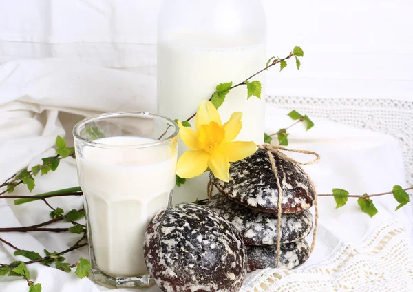 Copo de leite e bolos doces com gengibre e baunilha rústico casa cozinhar fundo branco — Fotografia de Stock