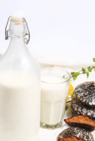 Glas mjölk och söta kakor med ingefära och vanilj rustik husmanskost vit bakgrund — Stockfoto