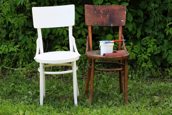 Painting restoration old chair before and after — Stock Image Painting restoration old chair before and after Stock Photo