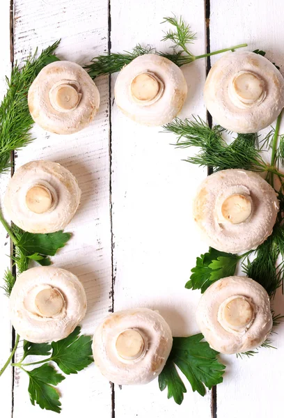 Rama grzybów pieczarki na białym tle drewniany widok z góry na głowę okładka książka kucharza — Zdjęcie stockowe