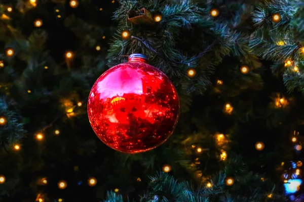 Bola Natal Vermelha Árvore Fundo Escuro Foco Seletivo — Fotografia de Stock