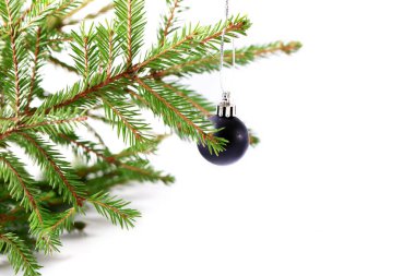 Beyaz arka planda siyah bir Noel balosu olan ladin dalı. Yaratıcı minimalist Noel konseri