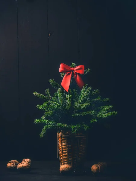 Christmas Tree Dark Mood Wooden Background — Stock Photo, Image