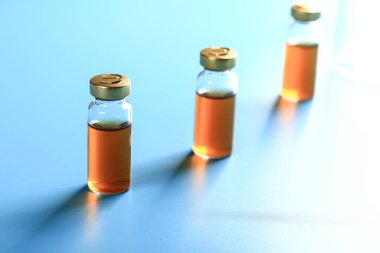 Aşı şişeleri mavi arka planda. Tıbbi konsept. Çok sığ bir alan derinliği. çerçeve boyunca aydınlatma