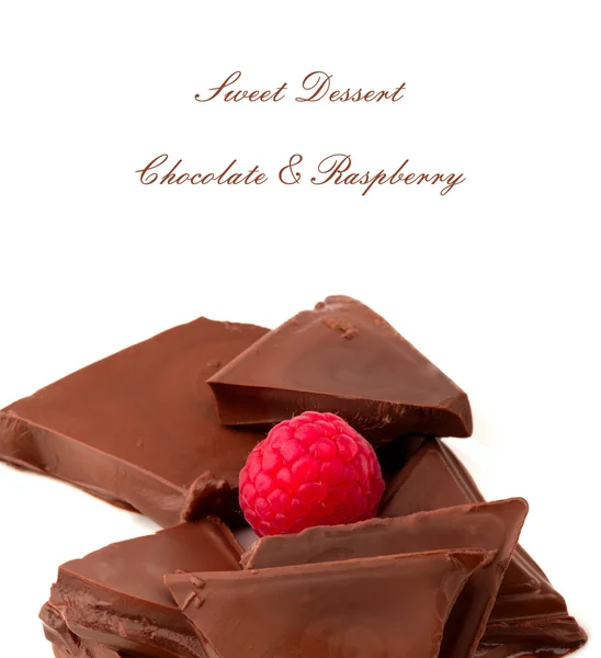 ホワイト バック グラウンド ソフトの選択と集中に分離されたラズベリーのチョコレートのデザート — ストック写真
