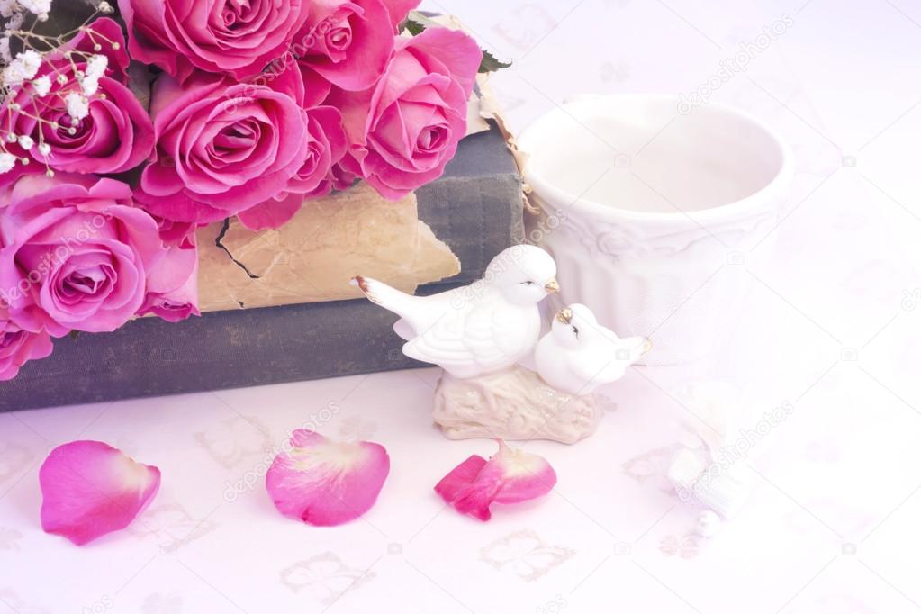 Figurines Wedding Doves In Love Valentine Bouquet Of Pink Roses On Old Books Floral Background Is Tenderness Vintage Retro Selective Soft Focus Photo Figurines Wedding Doves In Love Valentine Bouquet Of Pink Roses On Old Books Floral Background Is Tenderness Vintage Retro Selective Soft Focus Photo